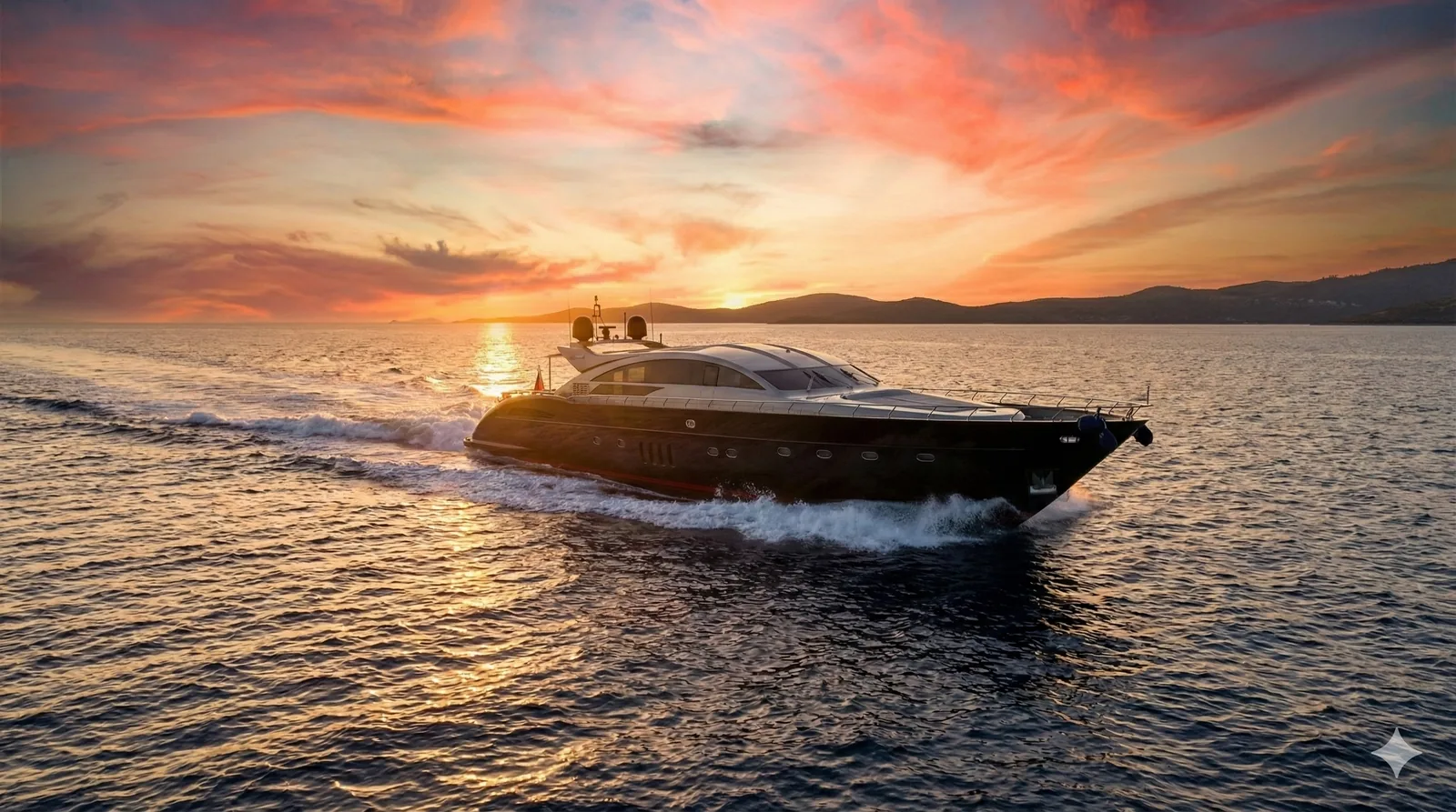 Private yacht cruising at sunset